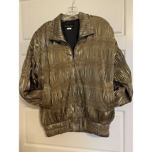 Vintage 80s Something Special Gold Metallic Crinkle Bomber Jacket Party VTG